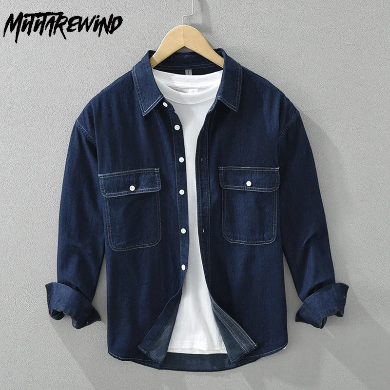 Jeans Shirt Fashion For Men - เกาหลีแฟชั่นผู้ชาย DENIM เสื้อฤดูใบไม้ผลิฤดูใบไม้ร่วงเสื้อผ้าคู่กระเป๋าผ้าฝ้ายแขนยาว Jean เสื้อผู้ชายเสื้อทุกวัน