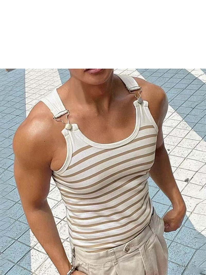 Men'S Fashion Online - เสื้อกล้ามกระดุมโลหะทรงสลิมฟิตสำหรับผู้ชาย เสื้อกั๊กโพลีเอสเตอร์ลำลอง ดีไซน์ลายทางทันสมัย ​​สไตล์บอดี้คอนแบบยืดหยุ่น จำหน่ายออนไลน์โดยเฉพาะ