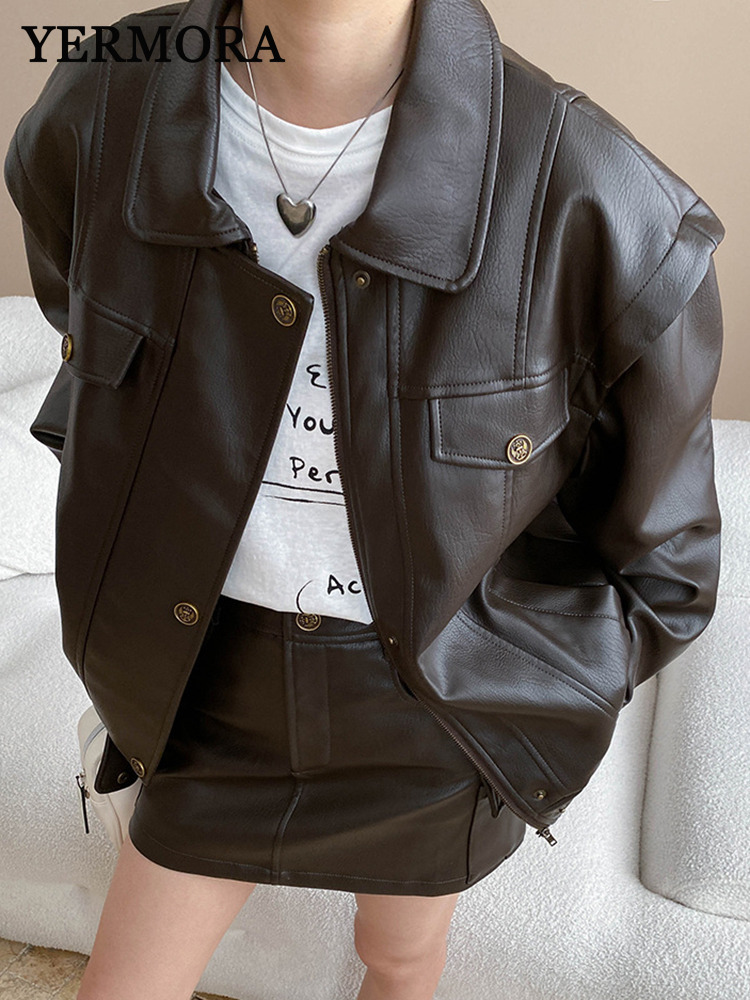 Men'S Fashion Line - YERMORAผู้หญิงกาแฟPUหนังVINTAGEเสื้อแจ็คเก็ตแขนยาว 2 ชิ้นชุดครึ่งกระโปรงแฟชั่นฤดูใบไม้ผลิฤดูใบไม้ร่วง 2025