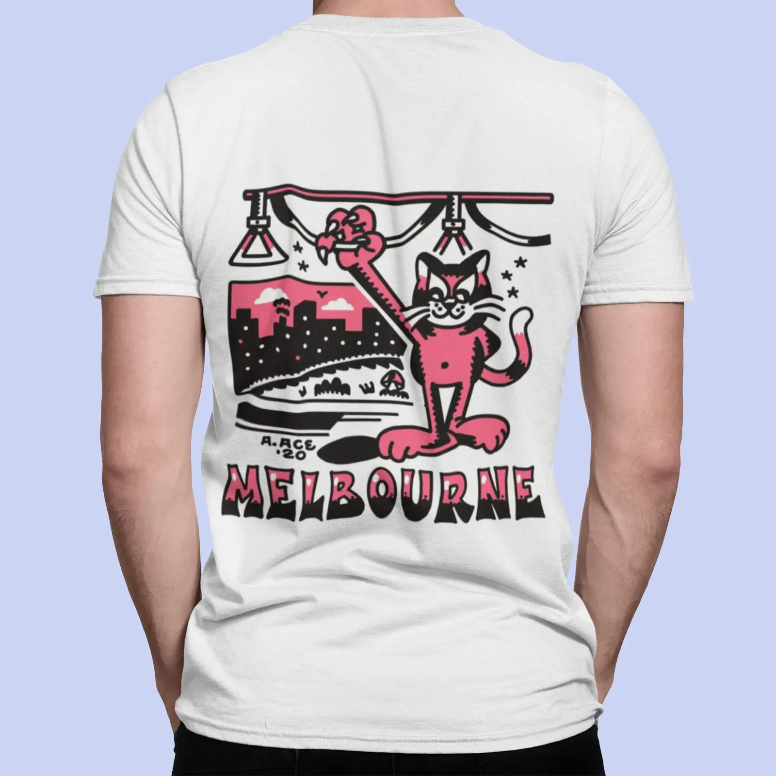 Mens Fashion Melbourne - เสื้อยืดเมลเบิร์นทรัม ลายแมวไซเคดีลิก ของที่ระลึกเมลเบิร์น เสื้อยืดสีชมพู วินเทจ ลายกราฟิก
