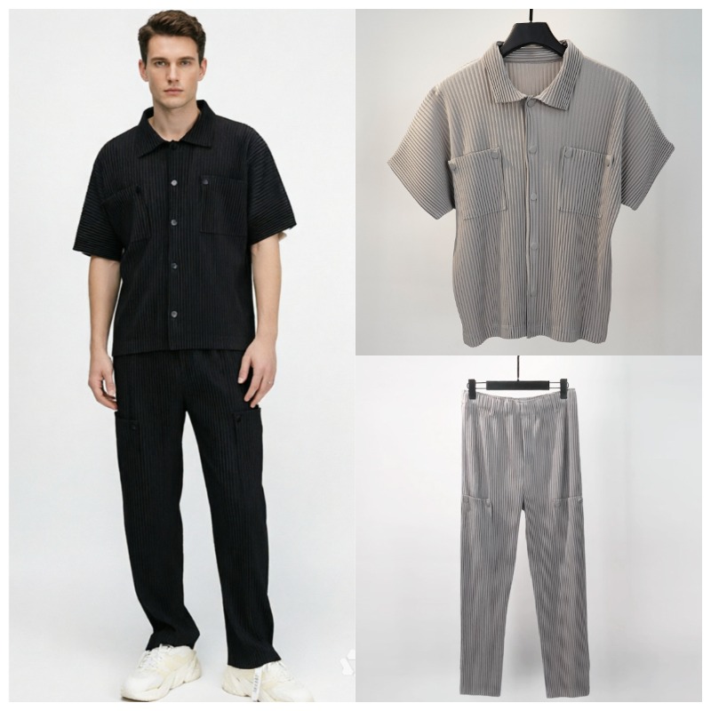 Men'S Fashion For Summer 2026 - ชุดเสื้อเชิ้ตพลีท Miyake สำหรับผู้ชาย คอลเลคชั่นฤดูร้อน 2026 เสื้อเชิ้ตแขนสั้นพลีทลำลอง