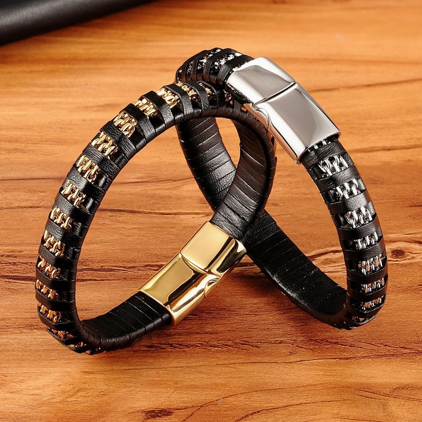 Mens Fashion Combination - XQNI สไตล์เรียบง่ายสแตนเลสสตีลผสมผู้ชายหนังสร้อยข้อมือเครื่องประดับ3สีสำหรับวันเกิดบุคลิกภาพของขวัญ
