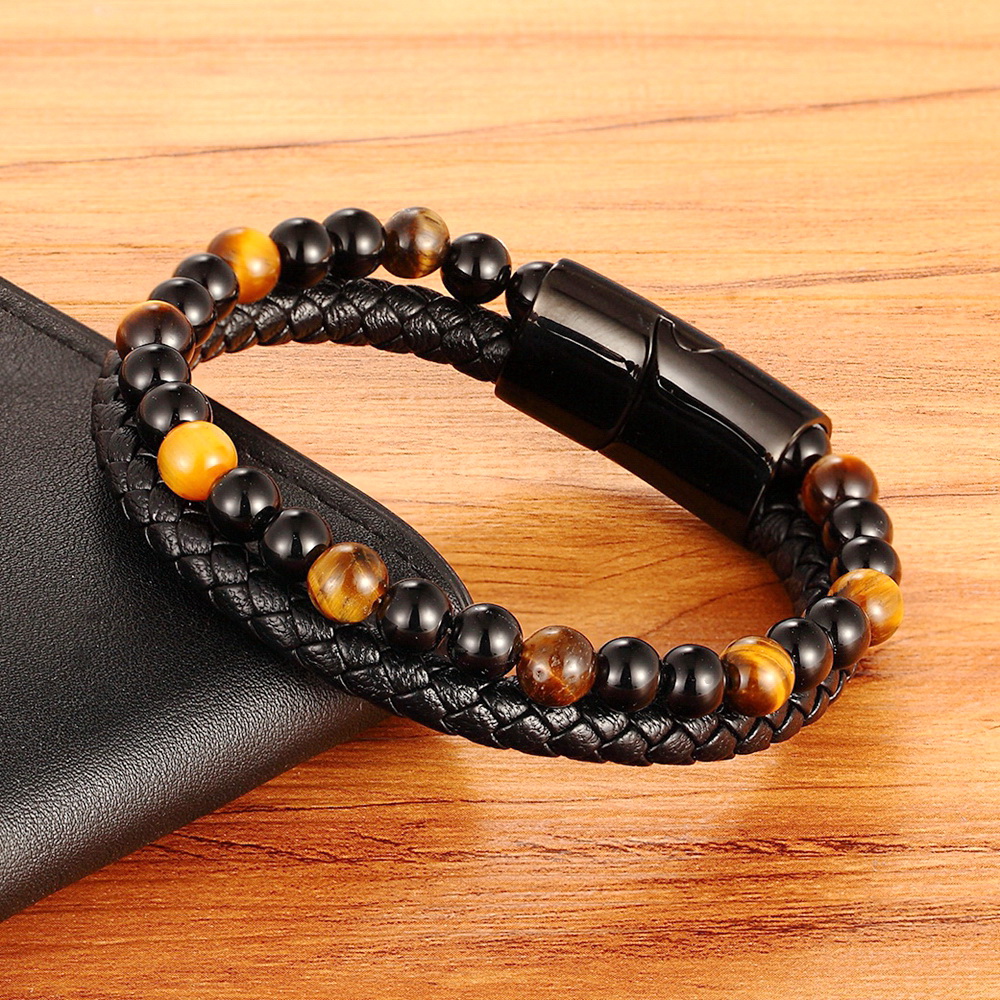 Mens Fashion Combination - XQNI คลาสสิกสไตล์พิเศษหนังลูกปัด DIY เย็บสแตนเลสผู้ชายสีดําสร้อยข้อมือหนังสําหรับชาย