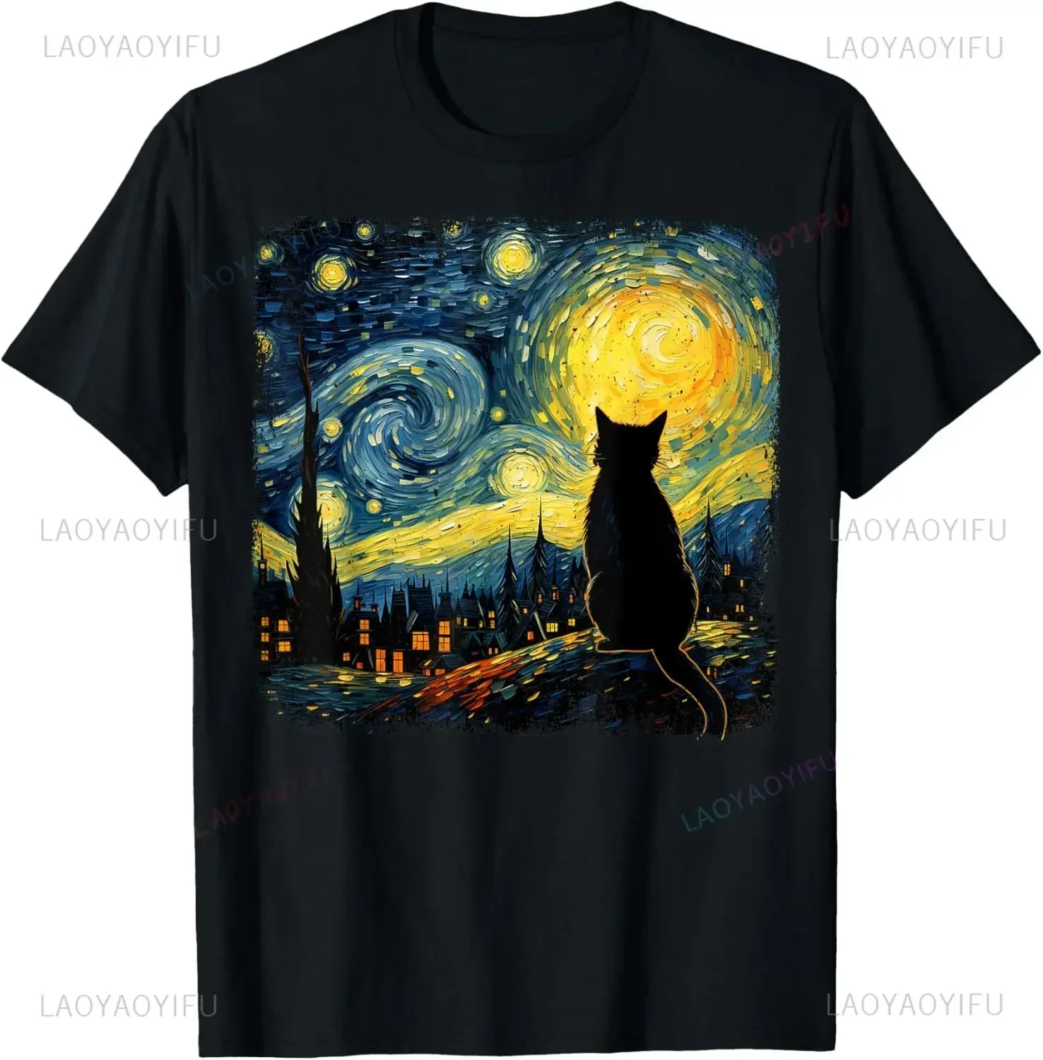 Men'S Fashion Aesthetics - แมวStarry Night Van Goghแมวสําหรับคนรักแมวเสื้อยืดแฟชั่นStreetwearหลวมฤดูร้อนสไตล์Man TShirtน่ารักสุนทรียศาสตร์Tees