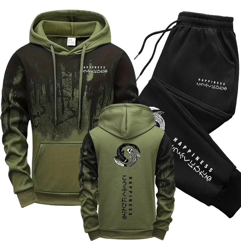 Men'S Winter Fashion - ชุดเซ็ตเสื้อฮู้ดและกางเกงวอร์มแฟชั่นญี่ปุ่นสำหรับผู้ชาย 2 ชิ้น ชุดลำลองสำหรับฤดูใบไม้ร่วงและฤดูหนาว สไตล์สปอร์ต เหมาะสำหรับวิ่งจ๊อกกิ้งและลุคแฟชั่นในเมือง