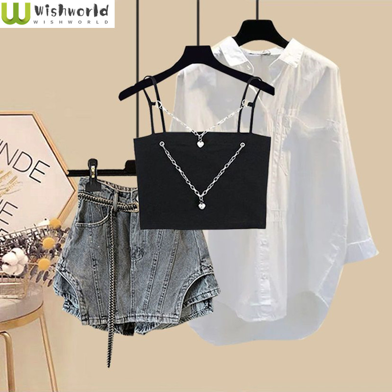 Jeans Shirt Fashion For Men - ชุดฤดูร้อน2024ของผู้หญิงเสื้อเชิ้ตลำลอง MODE Korea ใหม่เสื้อกล้ามเด็กผู้หญิงรสเผ็ดกระโปรงกางเกงลดน้ำหนักชุดสามชิ้น