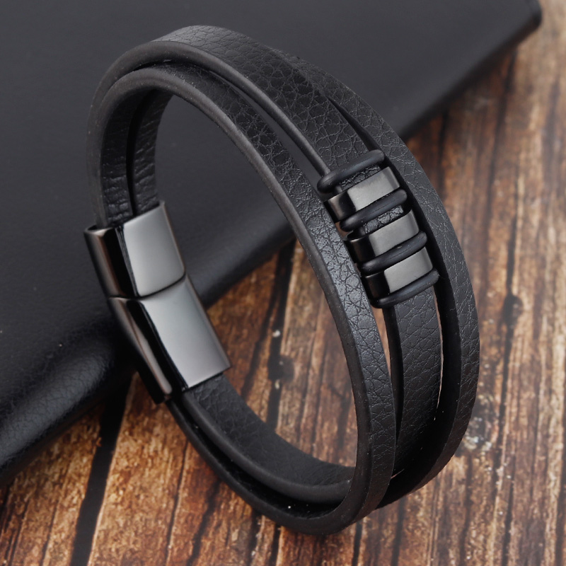 Mens Fashion Combination - สร้อยข้อมือหนังถักหลายชั้นผสมสแตนเลสสำหรับผู้ชาย สีดำ สีน้ำตาล ของขวัญเครื่องประดับผู้ชาย