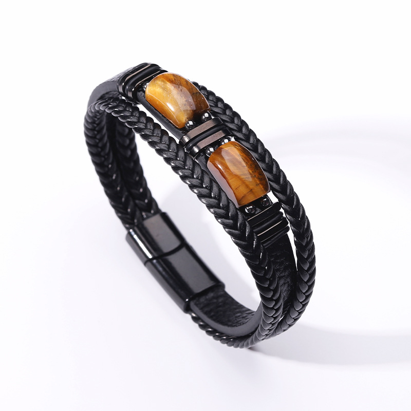 Men'S Fashion Lk - สร้อยข้อมือหินตาเสือสไตล์ยุโรป 1 เส้น เชือกหนังหลายชั้นสำหรับผู้ชาย เครื่องประดับข้อมือ LK-AA685