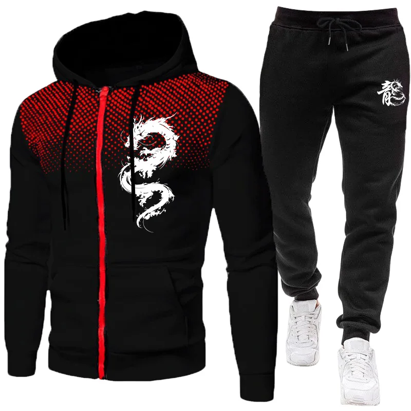 Men'S Winter Fashion - ชุดเซ็ตแฟชั่นลายพิมพ์มังกรปารีสสำหรับผู้ชาย เสื้อฮู้ดและกางเกงขายาวอุ่นๆ ชุดฮู้ดเรียบง่ายสำหรับฤดูหนาว เสื้อผ้าผู้ชายลดราคา