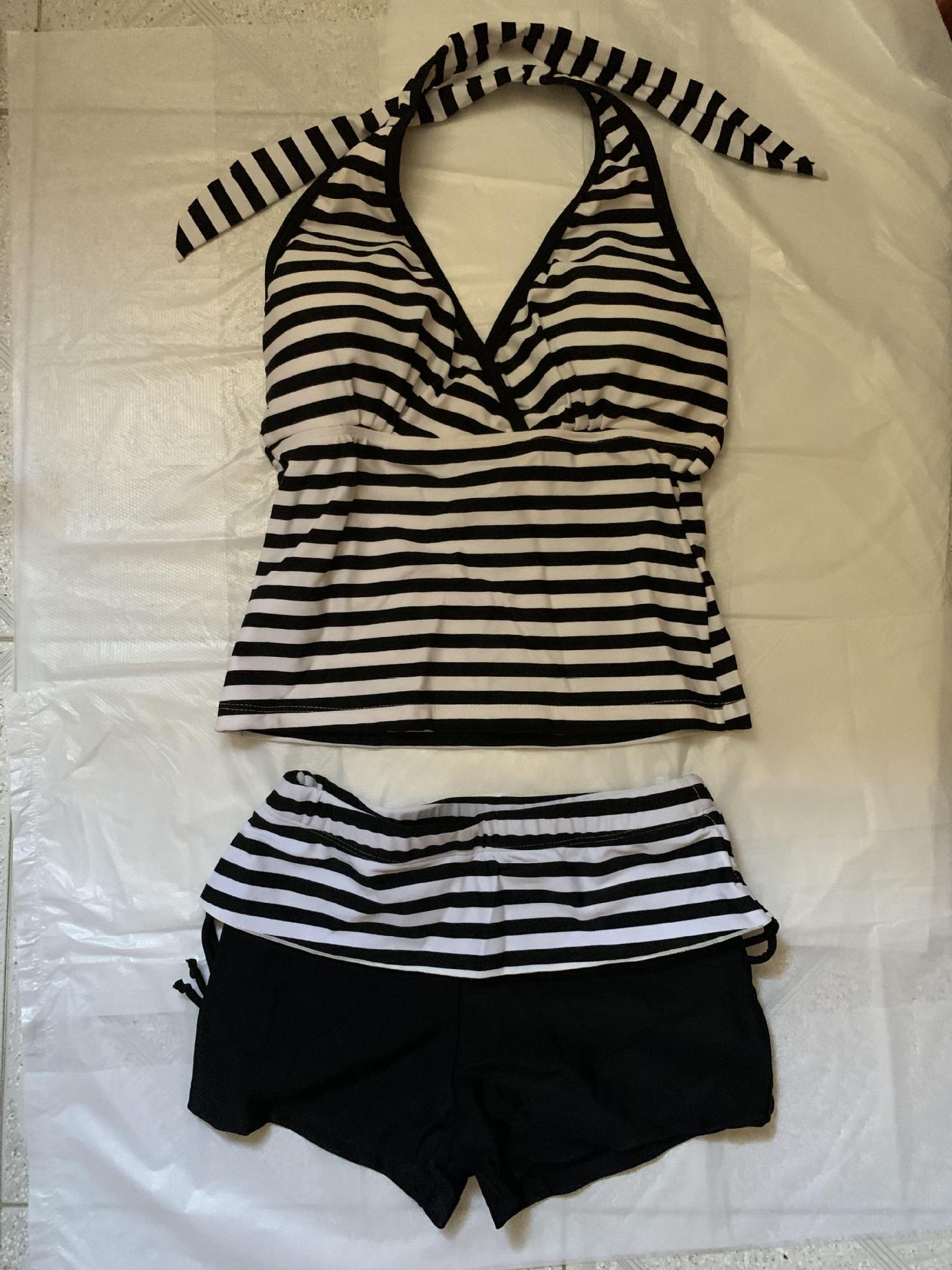 Swim Trunk Shorts - ชุดว่ายน้ำทูพีซลายทางแบบ Tankini สำหรับผู้หญิง เหมาะสำหรับวันหยุดพักผ่อนบนเกาะ สายผูกคอ ช่วยเก็บหน้าท้อง