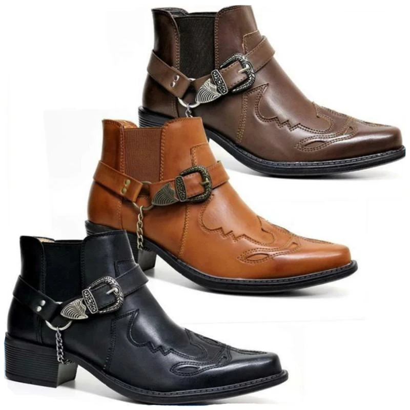 Men'S Fashion Jewelry - รองเท้าบูทคาวบอยวินเทจหนังแท้ทรงสูงประดับโซ่และหัวเข็มขัดสไตล์พังก์สำหรับผู้ชาย แฟชั่นปี 2026 รองเท้าบูทข้อเท้าทรงแหลมสำหรับนักขี่มอเตอร์ไซค์