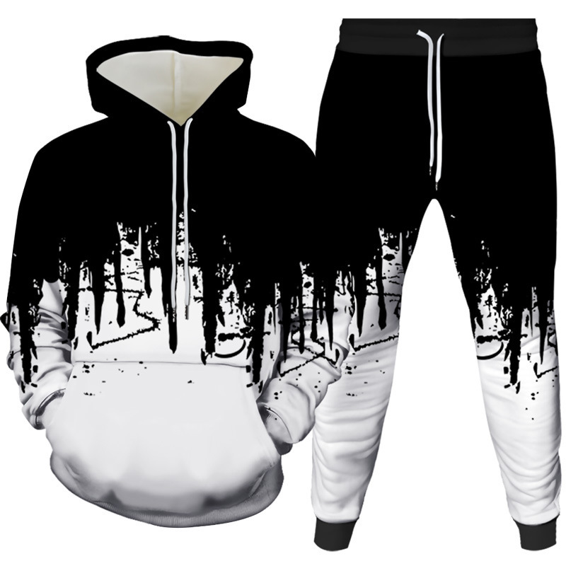 Men'S Winter Fashion - ชุดเซ็ตเสื้อฮู้ดดี้และกางเกงขายาวพิมพ์ลายภาพวาดสีน้ำแบบ 3 มิติ แฟชั่นลำลองสำหรับผู้ชาย เสื้อสเวตเชิ้ต กางเกงสเวตแพนท์