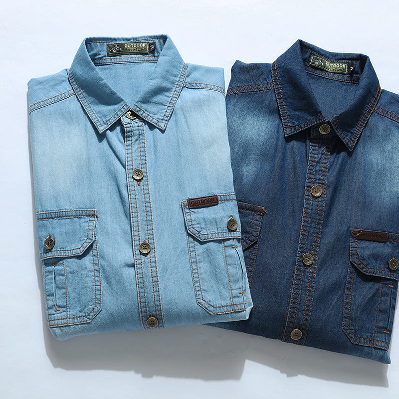 แฟชั่นใหม่ผู้ชายสีฟ้าอ่อนแขนยา - Jeans Shirt Fashion For Men บทวิจารณ์และราคา