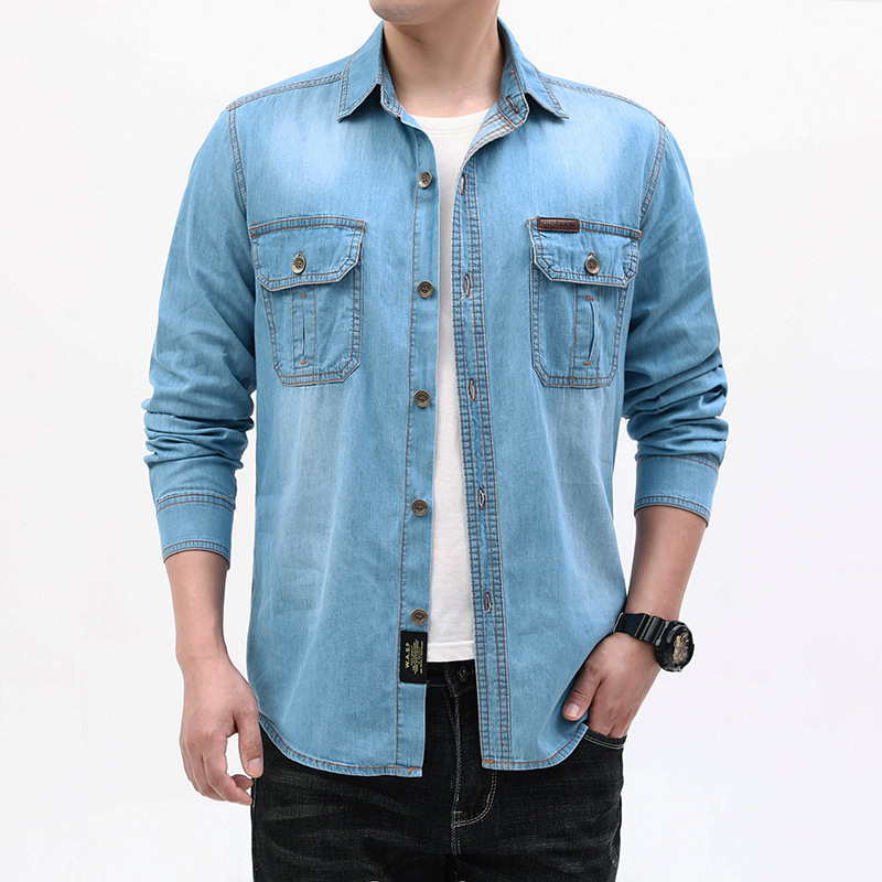 แฟชั่นใหม่ผู้ชายสีฟ้าอ่อนแขนยา - Jeans Shirt Fashion For Men บทวิจารณ์และราคา