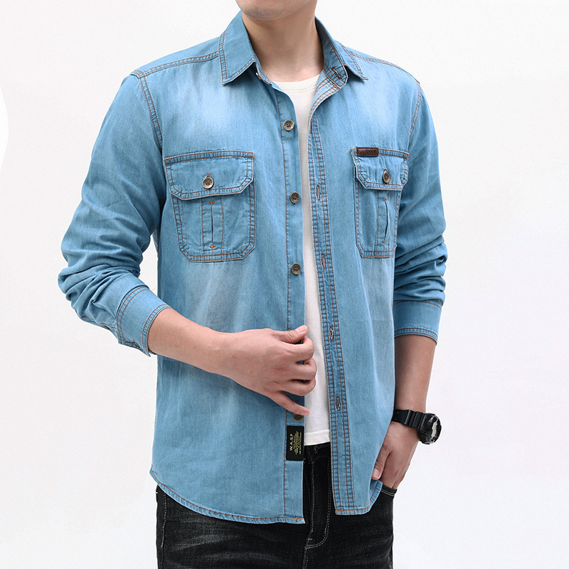 แฟชั่นใหม่ผู้ชายสีฟ้าอ่อนแขนยา - Jeans Shirt Fashion For Men บทวิจารณ์และราคา