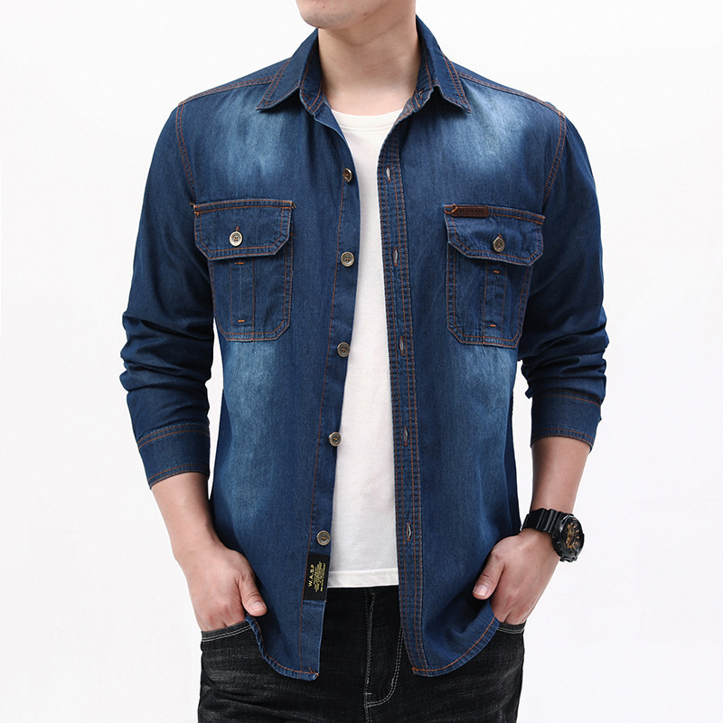 แฟชั่นใหม่ผู้ชายสีฟ้าอ่อนแขนยา - Jeans Shirt Fashion For Men บทวิจารณ์และราคา